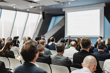 Image showing Round table discussion at business conference meeting event.. Audience at the conference hall. Business and entrepreneurship symposium.