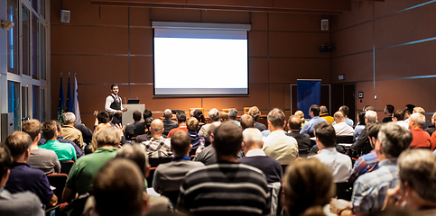 Image showing Business speaker giving a talk at business conference meeting event.