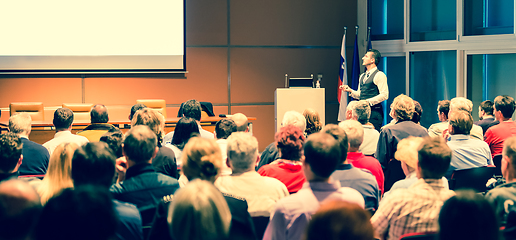 Image showing Business speaker giving a talk at business conference meeting event.