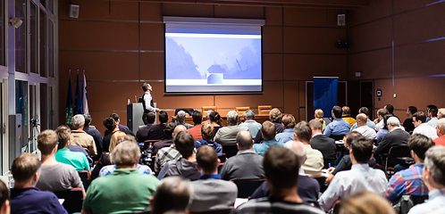 Image showing Business speaker giving a talk at business conference meeting event.