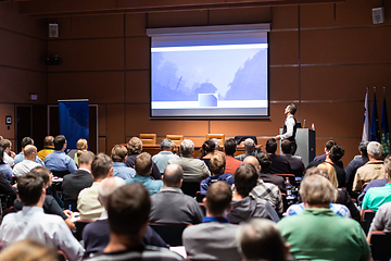 Image showing Business speaker giving a talk at business conference meeting event.