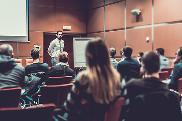 Image showing Skiled Public Speaker Giving a Talk at Business Meeting.