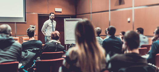 Image showing Skiled Public Speaker Giving a Talk at Business Meeting.