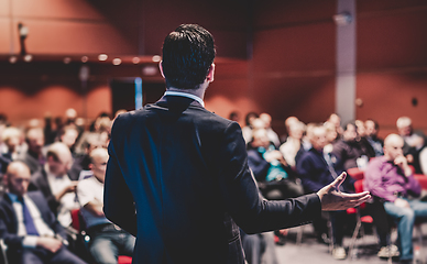 Image showing Speaker giving a talk at business conference meeting.