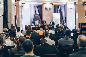 Image showing Round table discussion at business conference event.