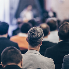 Image showing Round table discussion at business convention and Presentation. Audience at the conference hall. Business and entrepreneurship symposium