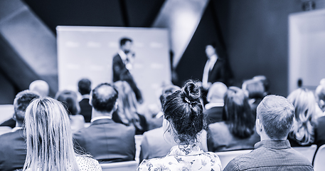 Image showing Pitch presentation and project discussion at business convention or team meeting. Audience at the conference hall. Business and entrepreneurship symposium.