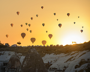 Image showing Hot air balloons at sunrise