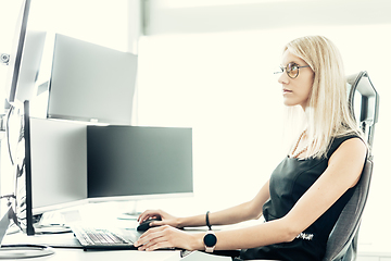 Image showing Female financial assets manager, trading online, watching charts and data analyses on multiple computer screens. Modern corporate business woman concept.