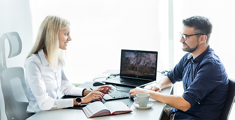 Image showing Business meeting. Client consulting. Confident business woman, real estate agent, financial advisor explaining details of project or financial product to client in office.