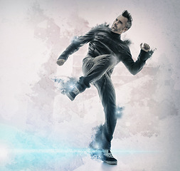 Image showing Fashion, art and man dance in studio for freedom, celebration or expression on mockup space. Creative, funky and male dancer in cool outfit with passion, hip hop or funky aesthetic on wall background