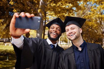 Image showing Graduation selfie, friends and students on college or university campus, success or scholarship celebration. Happy men, graduate or people with education, achievement and diversity in profile picture