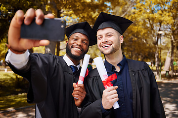 Image showing Graduation selfie, friends and students on university or college campus, success and celebration of diploma. Happy men, graduate or people with education, certificate and diversity in profile picture