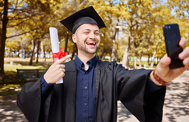 Image showing Graduation selfie, university student and man on campus, college profile picture and diploma or certificate success. Graduate, photography and happy person in park with scholarship celebration