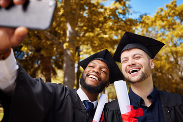 Image showing Graduate selfie, friends and students on college or university campus, diploma success and certificate or award. Happy men or people in education, graduation achievement and diversity profile picture