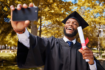 Image showing Graduation selfie, success and student or man on university or college campus, profile picture and diploma or certificate. Graduate, photography and african person in park for scholarship celebration