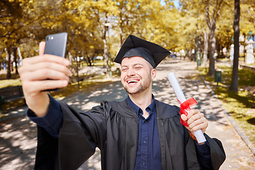 Image showing Graduation selfie, college student and man on campus, university and profile picture with diploma or certificate. Graduate success, photography and happy person in park with scholarship celebration