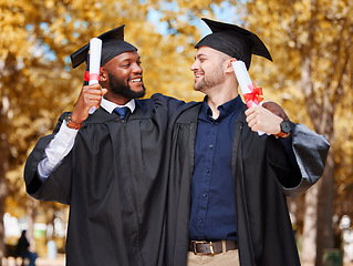 Image showing Graduation, students and couple of friends on university, or campus achievement, success and celebration of diploma. Men, graduate or diversity people hug for education, certificate and award at park