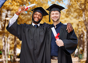 Image showing Graduation portrait, friends and students on university or college campus, success and celebration of diploma. Happy men, graduate or people hug for education, certificate and diversity in park