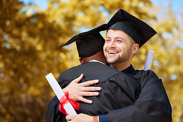 Image showing Graduation, man and friends hug with smile for achievement, education and celebrate success outdoor. Happy university students, male graduate and embrace for celebration, congratulations and award