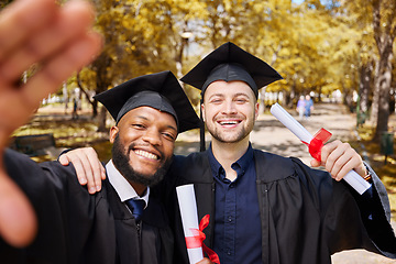 Image showing Graduate selfie, portrait and students on college or university campus, success and diploma celebration. Face of friends, graduation people or men for education, certificate and diversity photography