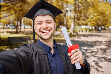 Image showing Man, graduation selfie and certificate for college student, smile and excited for future at campus event. Graduate guy, education and celebration with diploma, memory or profile picture for life goal