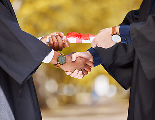 Image showing Graduation diploma, handshake and student in success, achievement and congratulations or thank you. Graduate or diversity people shaking hands of certificate, excellence or giving award at university