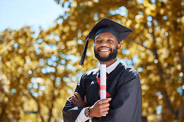 Image showing Graduation cap, portrait and man or student on university, education or college campus and scholarship success. African person or happy graduate arms crossed with diploma or certificate award in park