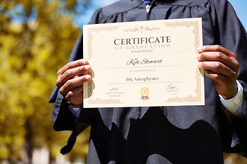 Image showing College, hands and closeup of a graduation diploma for success, achievement or goal. Scholarship, college and zoom of graduate, student or person holding degree or diploma scroll for education