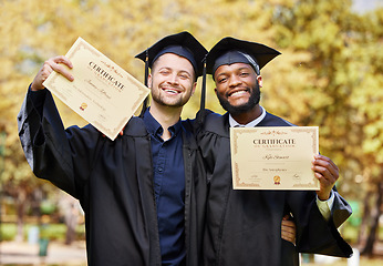 Image showing Friends, portrait and graduation to show diploma with smile, diversity and pride at university event. Education, celebration and graduate men with certificate, support and success for learning goals