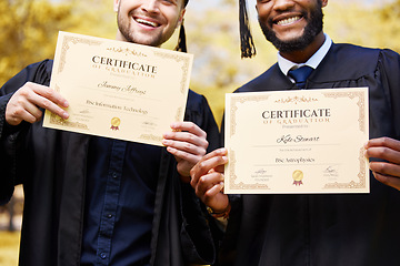 Image showing Friends, students and graduation to show diploma with smile, congratulations and pride at campus event. Education, celebration and happy men with certificate, paperwork and success for learning goals