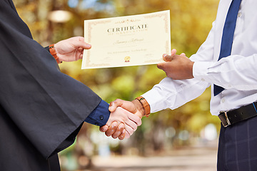 Image showing Hand shake, graduation and certificate for college student with professor, congratulations and event for learning. Education, celebration and party with diploma, paperwork and people with success