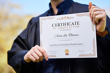 Image showing University, hands and closeup of a graduation certificate for success, achievement or goal. Scholarship, college and zoom of graduate, student or person holding degree or diploma scroll for education