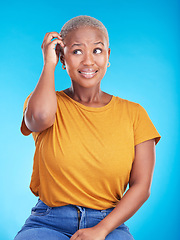 Image showing Black woman, scratch head and confused in studio with thinking, mindset or ideas for decision by blue background. African girl, stress and finger on hair for fear, scared and brainstorming for choice