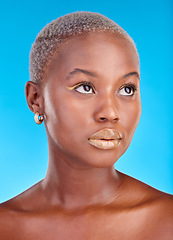 Image showing African woman, face and creative makeup, beauty and cosmetics for skincare or natural skin glow on studio blue background. Cosmetic, care and model thinking of idea for facial, treatment or fashion