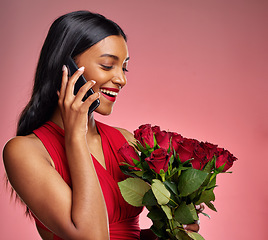 Image showing Phone call, talking and a woman with roses on a studio background for valentines day. Thank you, model and face of a young Indian girl with a flower bouquet and smartphone for romance or love on pink