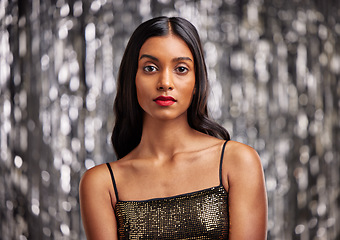 Image showing Makeup, portrait and Indian woman in studio with glamour, cosmetics and attitude on blurred background. Face, beauty and female person with luxury aesthetic, sparkle and cosmetology glow satisfaction