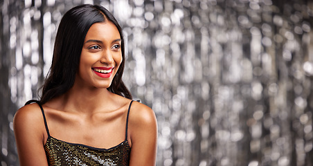 Image showing Makeup, smile and Indian woman in studio with glamour, cosmetics and glowing skin on blurred background. Face, beauty and happy female with luxury aesthetic, sparkle and cosmetology satisfaction