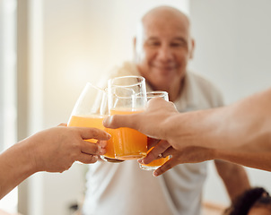 Image showing Celebration, senior happy man or toast with orange juice, beverage or glass drinks for fun friends reunion. Fruit liquid, retirement party group or hands of elderly people celebrate, smile and cheers