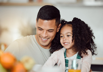 Image showing Father, child and smile of a family together at home for bonding, love and care or quality time. Face of a happy man or father and girl kid or daughter in a house for happiness, relax and security