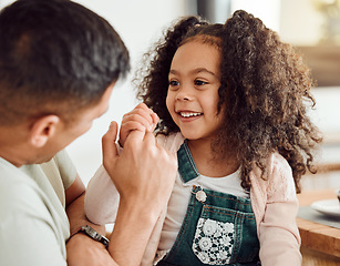 Image showing Father, child and holding hands in a family home for bonding, love and care or quality time. Face of a happy man or dad and girl kid or daughter in a house for happiness, relax and playing a game