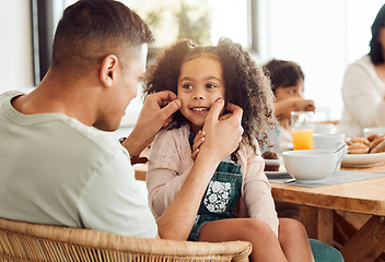 Image showing Father, child and smile of a girl at home for bonding, love and care or quality time. Face of a kid or daughter and a happy man in a house for happiness, relax and playing with cheeks at breakfast
