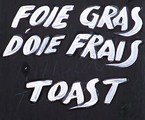 Image showing black board menu fresh goose foie gras on toast