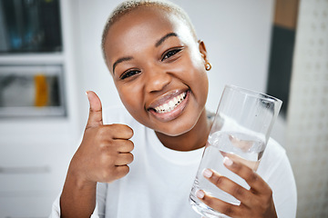 Image showing Thumbs up, yes and portrait of black woman with water for diet success or detox start. Happy, healthy and an African girl with an emoji hand for liquid goal or care with a glass in the morning