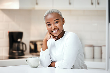 Image showing Portrait, smile and black woman with coffee, kitchen or relax with aroma, carefree or apartment. Face, female person or happy girl with tea, Nigerian and espresso with morning drink, home or wellness