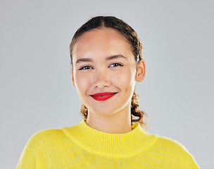 Image showing Portrait, happy and black girl with cosmetics or positive mindset with makeup in isolated or white background. Beauty, smile and face with woman with confidence or pride and wellness in south africa.