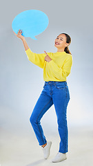 Image showing Speech bubble, woman pointing and student presentation, chat or communication for college opportunity or forum. Portrait, information and person for university FAQ or quote on studio white background