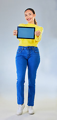 Image showing Tablet, screen mockup and woman or student for university presentation, website or registration information. Portrait of person, digital space and college, contact or ux design on studio background