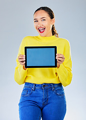 Image showing Tablet screen, space and woman or student for university presentation, discount news or e learning information. Portrait of person, digital mockup and college or education wow on studio background