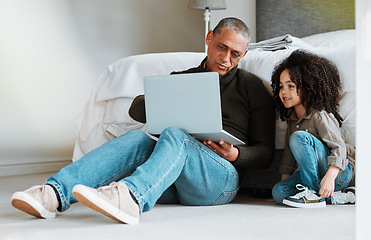 Image showing Grandfather, bedroom and family child with laptop for subscription movie, online gaming or search web for kid. Home bond, computer and elderly man babysitting grandchild, watch media or network video